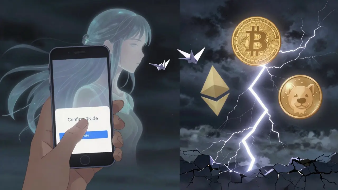 A hand hovering over a trade confirmation screen as crypto symbols form in a stormy sky.