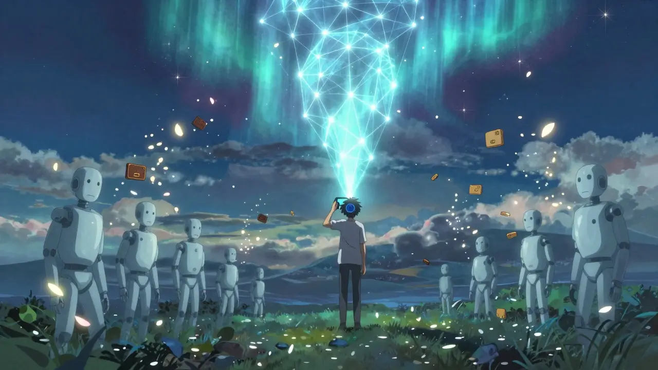 A person holding a biometric scanner projecting a radiant zero-knowledge proof lattice against a cosmic sky.