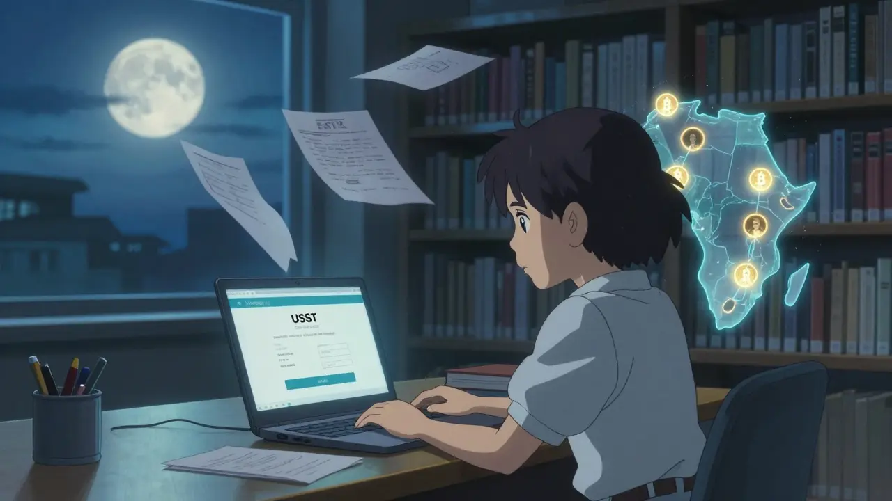 A student in Kigali confirms a crypto payment for an online course under moonlight, with a glowing map of Africa beside her.