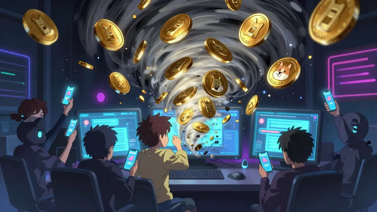 A swirling storm of memecoins rages above a neon Discord server, with one coin crumbling into ash.