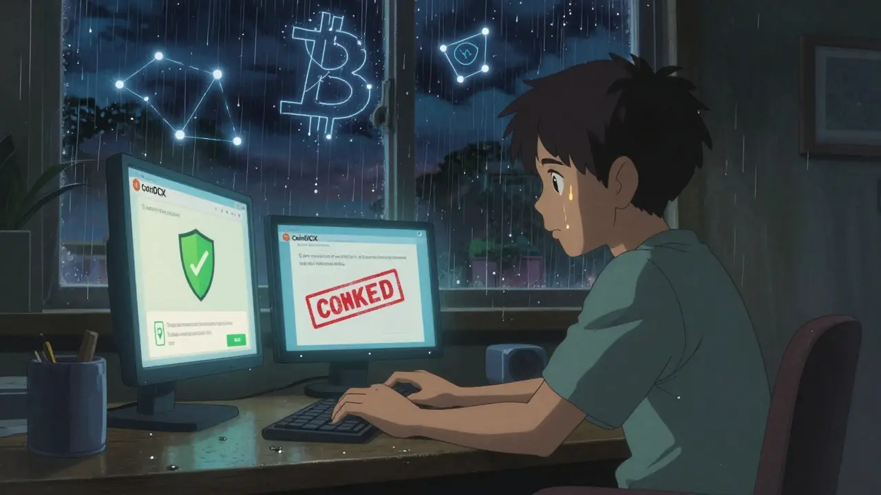 A teenager torn between compliant and blocked crypto platforms, with data rain and constellations in Makoto Shinkai style.
