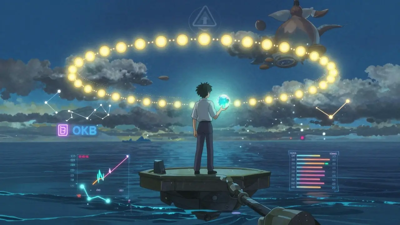 A trader holding OKB as a radiant orb, with 21 million particles forming a fixed ring in the sky.