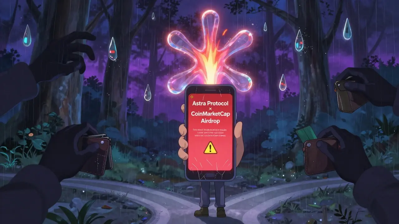 A traveler at a digital crossroads, facing a fake airdrop scam while Aster's token rises in the background under a stormy sky.