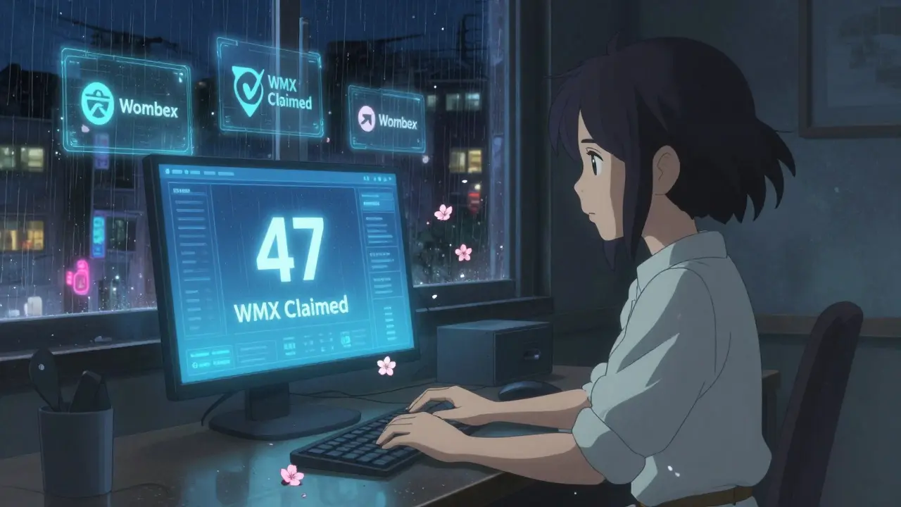 A young woman in a rain-lit room watches her wallet receive 47 WMX tokens on a glowing screen, cherry blossom drifting nearby.