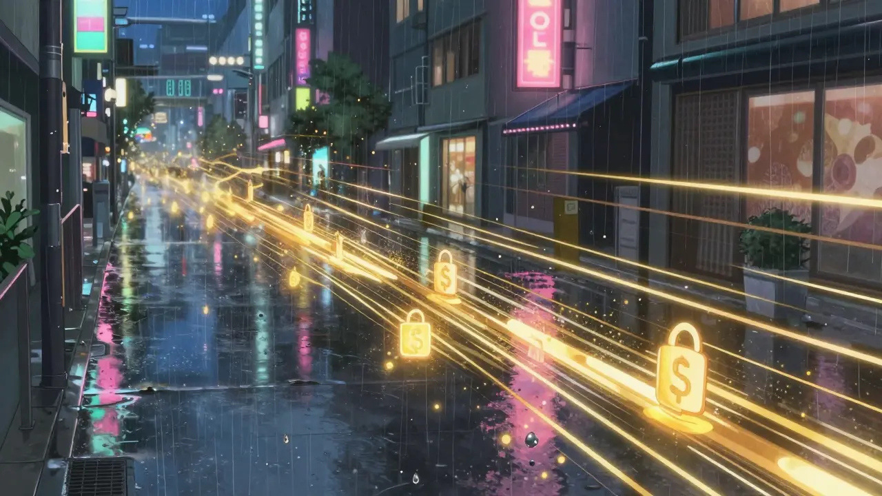 Abstract digital light streams flowing above rainy urban street.