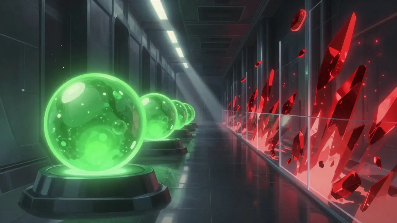 Abstract division between green approved assets and red restricted energy fields.