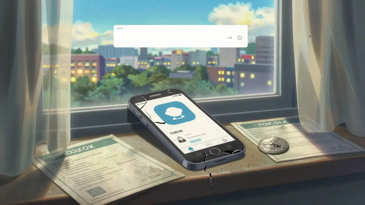 An abandoned TOKOK app icon rests on a windowsill beside faded referral papers, sunlight streaming in.