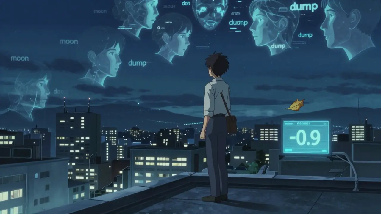 An analyst on a rooftop watches a holographic sky of whispered market emotions, contrasting calm city lights below.