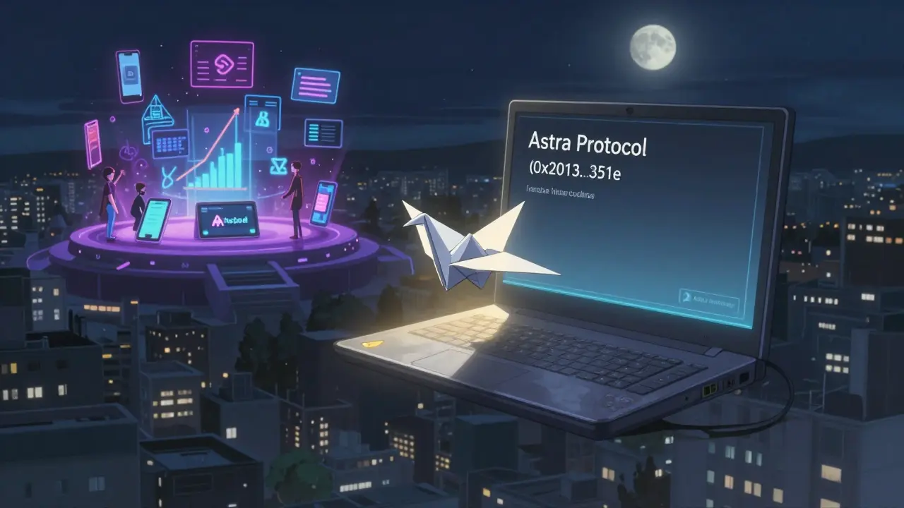 An empty blockchain node under moonlight, contrasted with a lively Aster platform glowing in the distance, a paper crane drifting down.