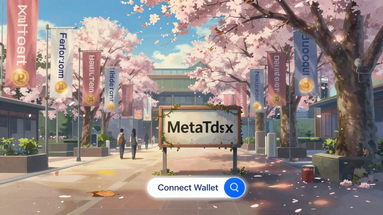 An empty digital plaza with faded MetaTdex sign, overshadowed by glowing review site banners at dawn.