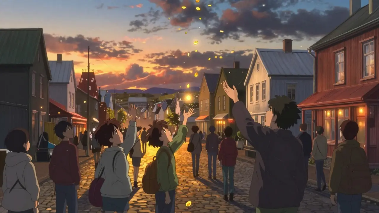 Citizens in a town square watching glowing particles fall from a sunset sky.