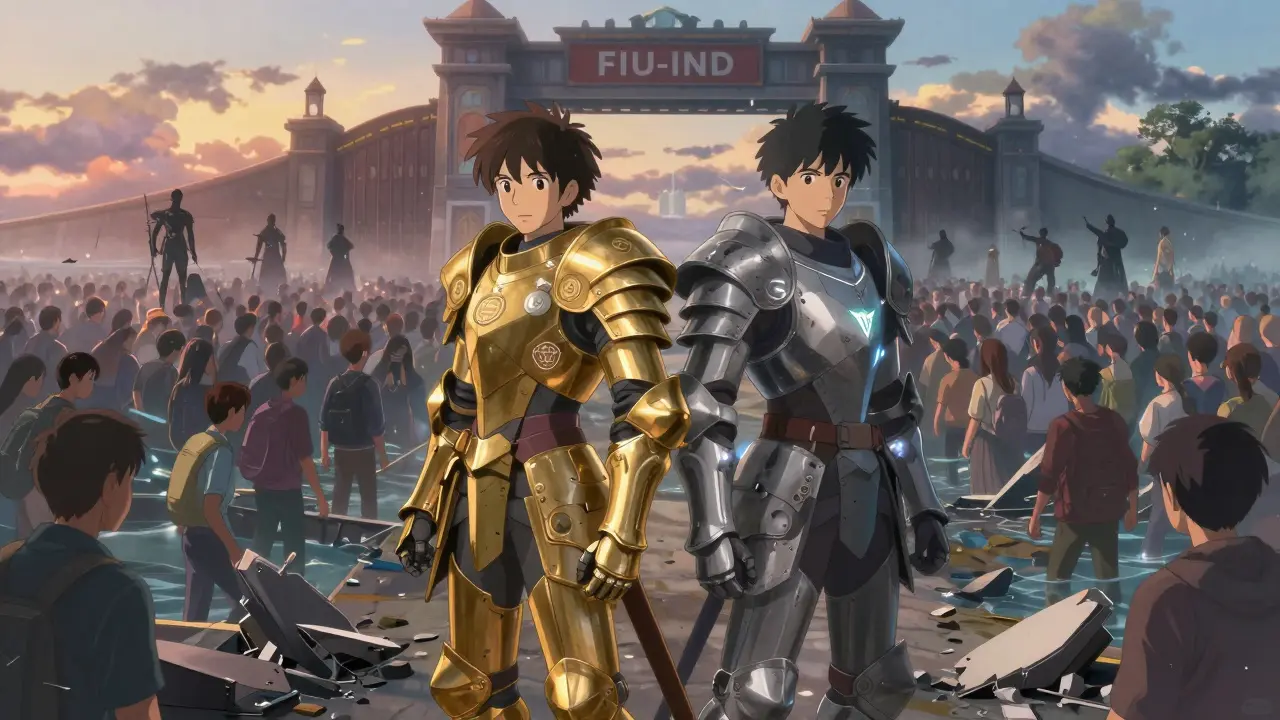 CoinDCX and WazirX as armored warriors standing against fallen exchanges, under a regulatory gate in Makoto Shinkai style.