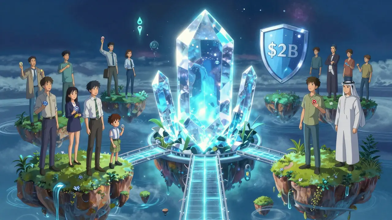 Diverse users holding different exchange tokens on floating islands, connected by bridges, with a DAO crystal above.