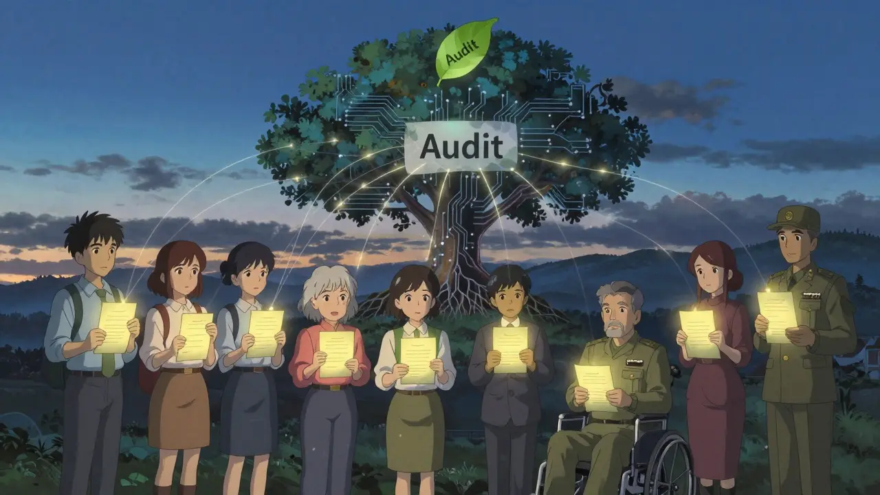 Diverse voters holding paper ballots whose light connects to a blockchain tree under twilight.