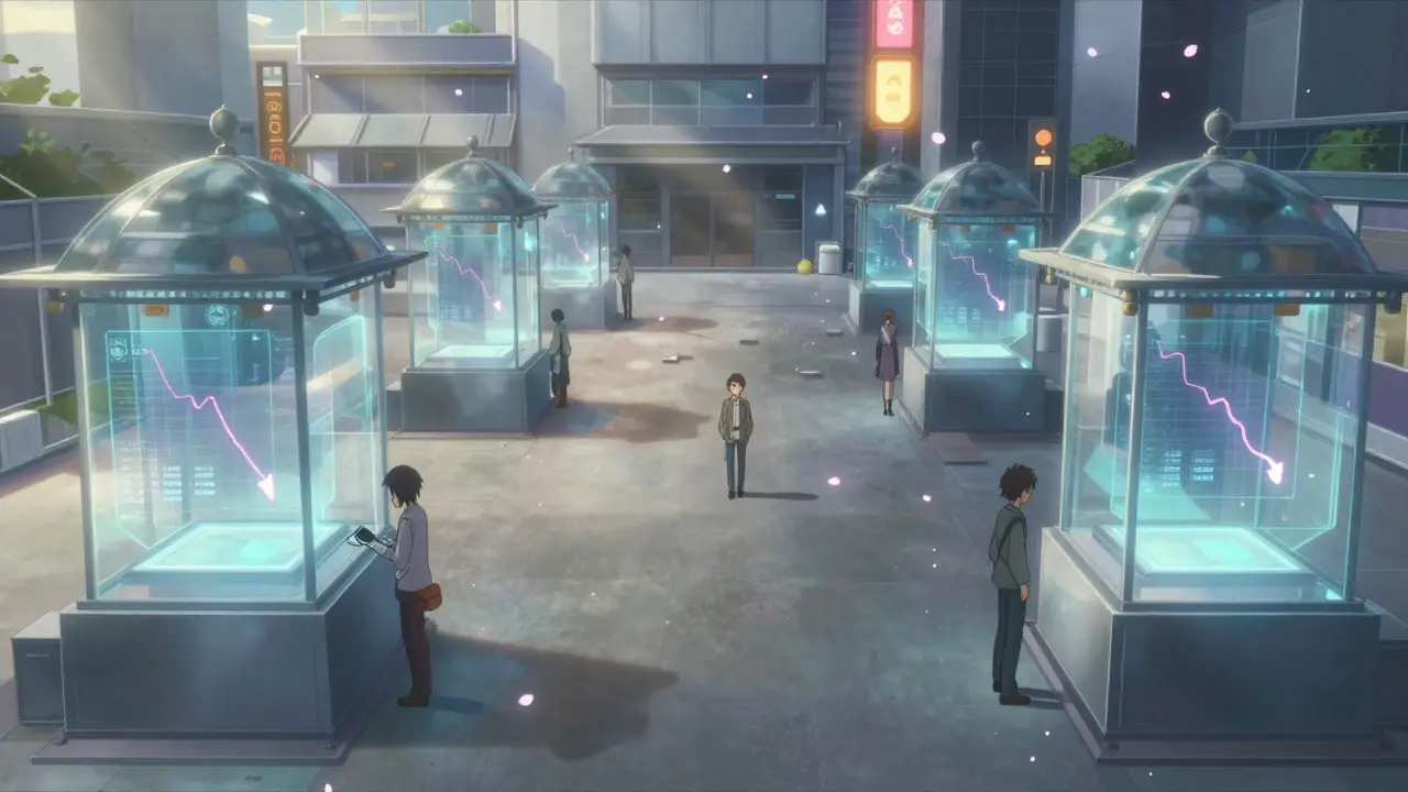 Empty digital marketplace with abandoned launchpad stalls and sparse visitors