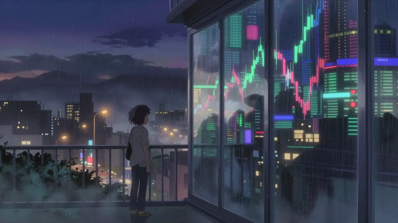 Figure on balcony views fracturing colorful city reflections at dusk.