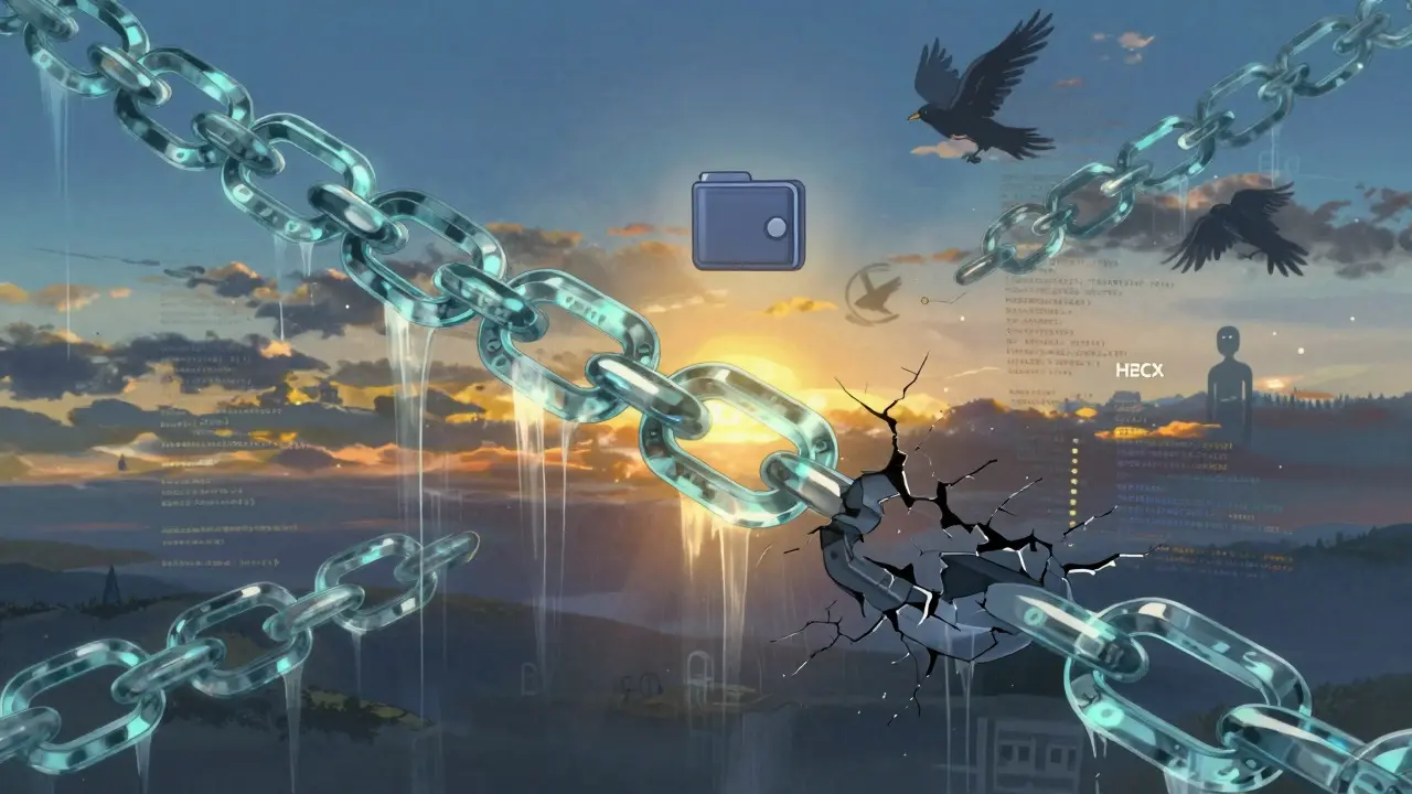 Floating blockchain chains in twilight, one cracked and dark, while others shine brightly in the distance.