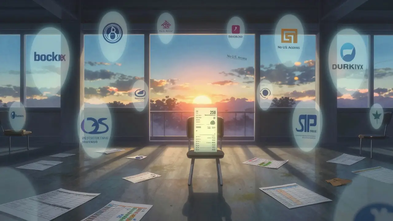 Ghostly broker emblems drifting in a deserted trading room at dawn, with a single deposit receipt on an empty chair.