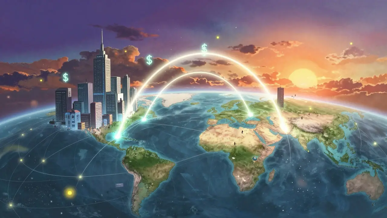 Global map view with glowing connection lines linking two cities.