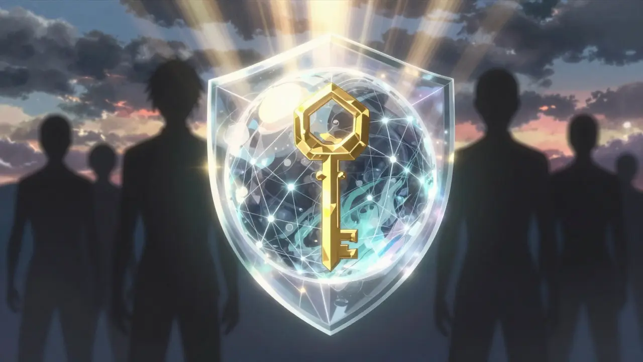 Glowing orb protected by golden shield against shadowy threats in anime style