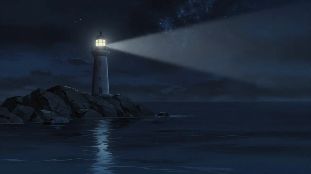 Lighthouse beam shining over a dark ocean at night representing resilience.