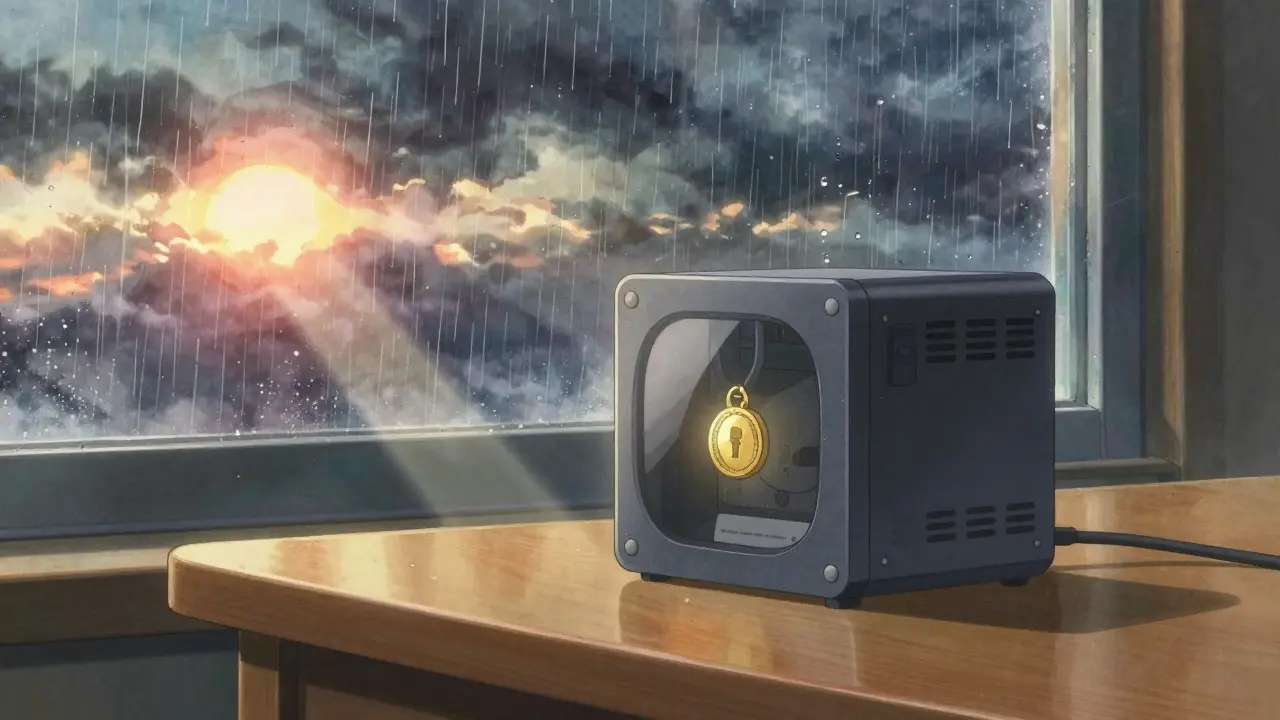 Secure hardware device on desk with stormy sunrise background.