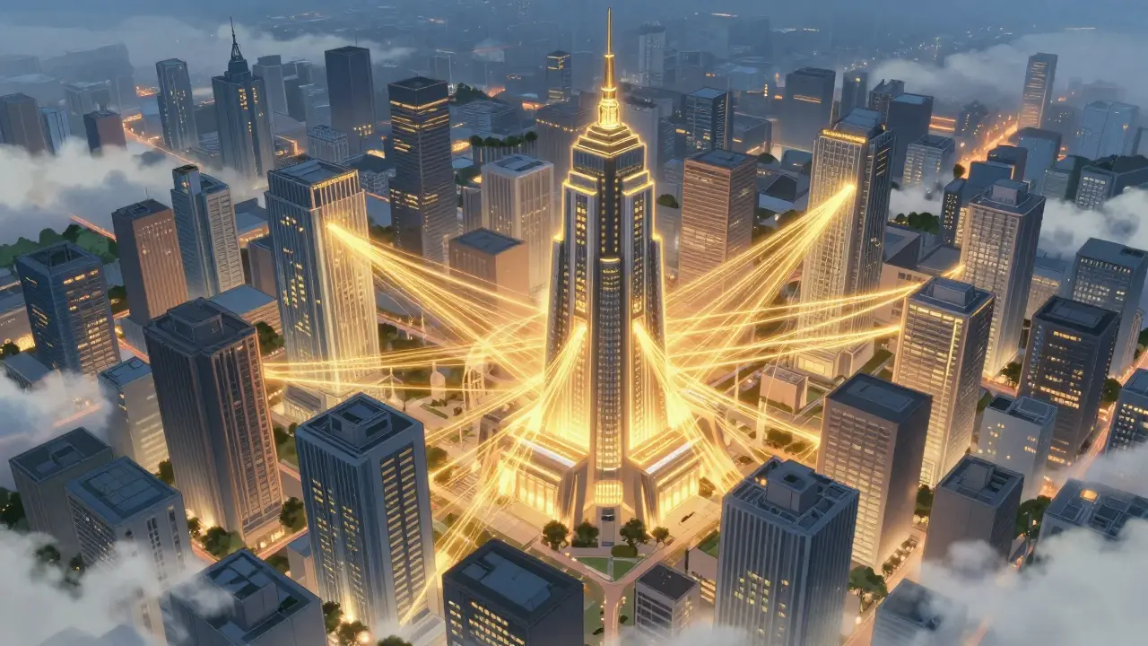 Tower connected to city grid by golden blockchain light lines in mist.