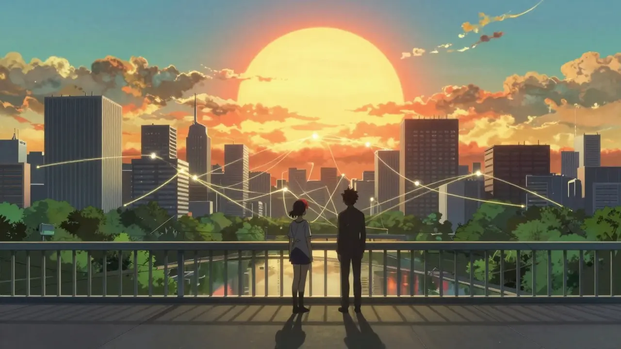 Two silhouettes on bridge connecting skylines with light threads.