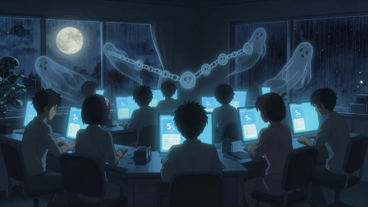 Users stare at frozen screens showing 5% monthly fees, their faces lit by cold blue light in a quiet room.