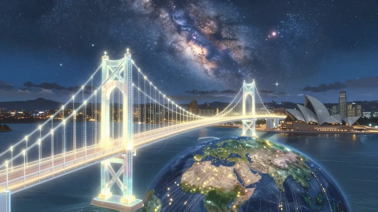 A bridge of light connecting New York and Sydney across a starry night sky