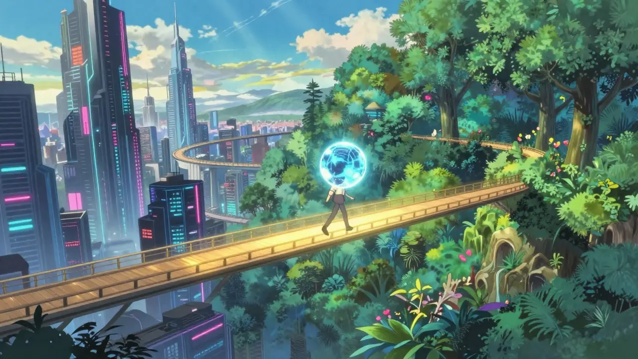 A character carrying a digital asset across a bridge between a cyberpunk city and a fantasy forest