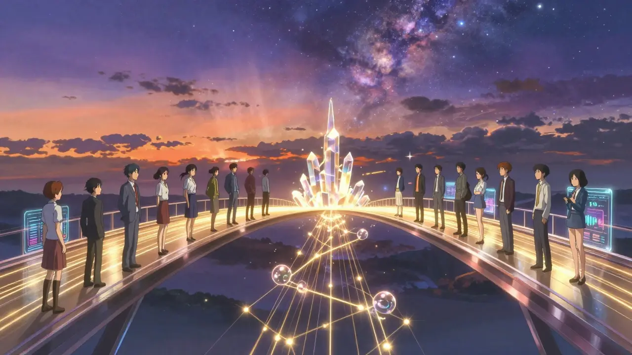 A cinematic digital bridge connecting people through golden data streams