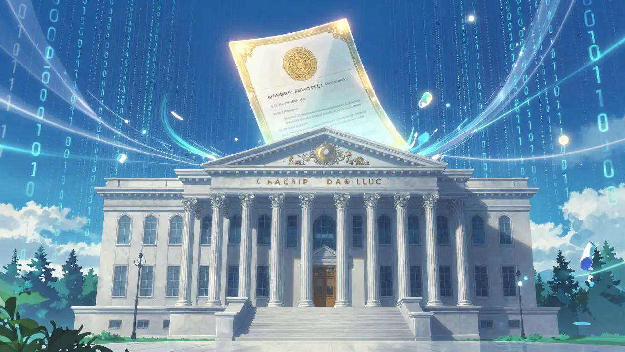 A classical courthouse merging with digital code and a glowing legal seal.