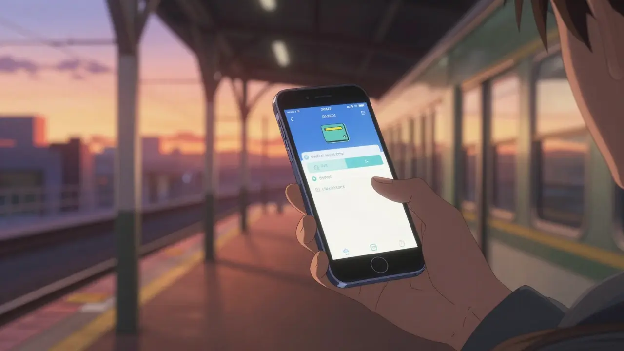 A close-up of a smartphone showing a crypto wallet during a colorful city sunset.