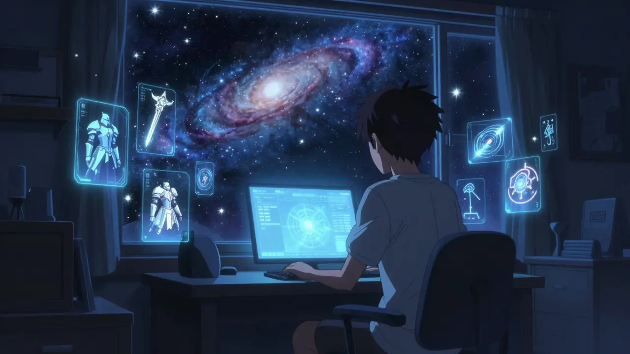 A gamer in a detailed room surrounded by holographic projections of rare digital assets