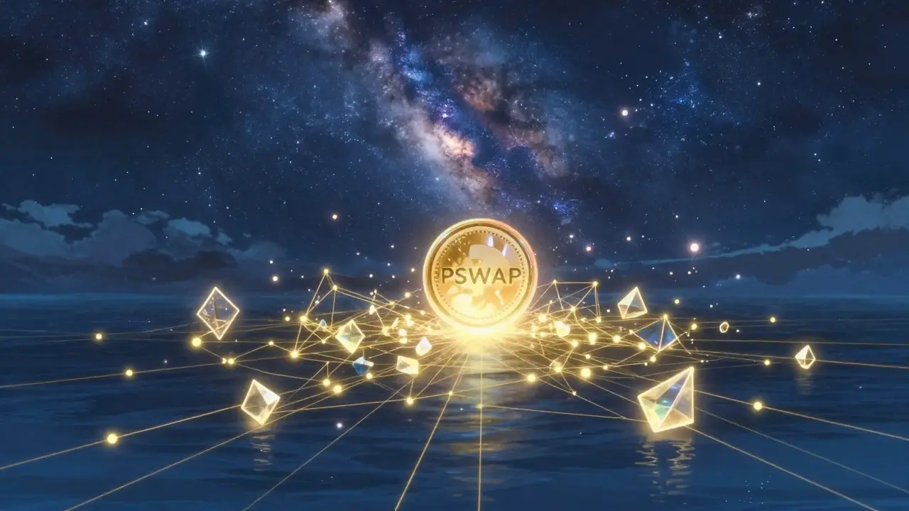 A glowing digital token floating above a reflective ocean under a starry galaxy sky.
