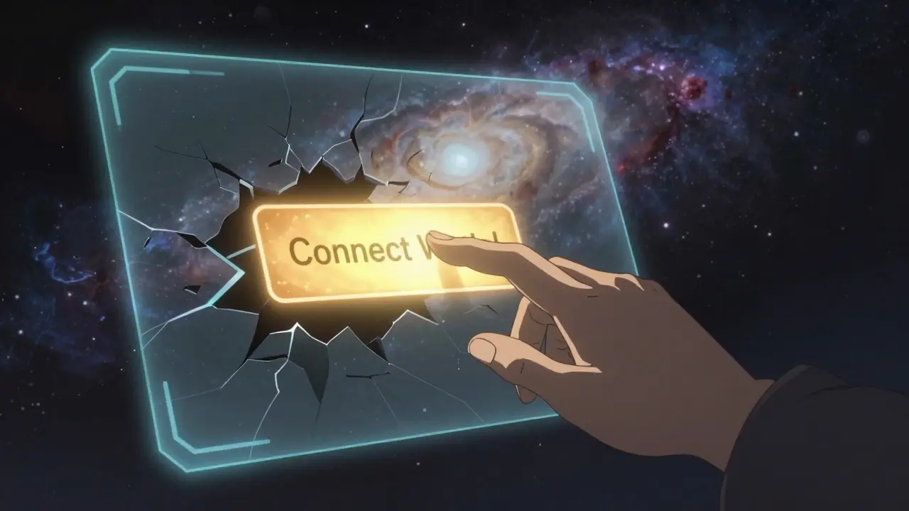 A hand about to click a deceptive connect wallet button on a holographic screen.
