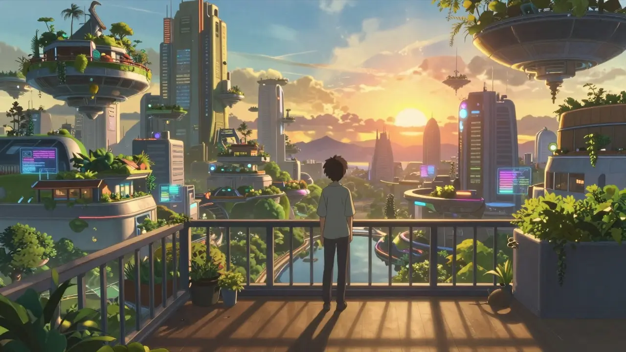 A person overlooking a stunning 3D virtual city during a golden hour sunset.