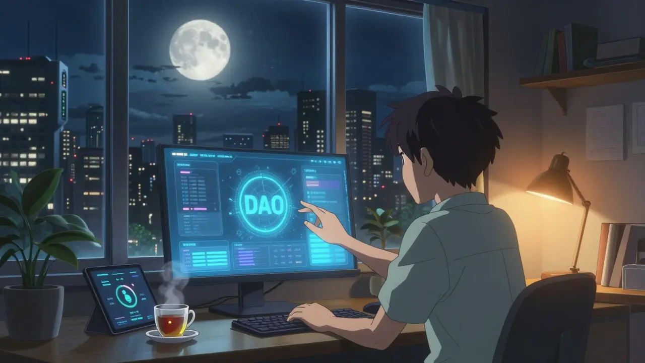 A person using a DAO voting dashboard in a cozy room with a futuristic city view.