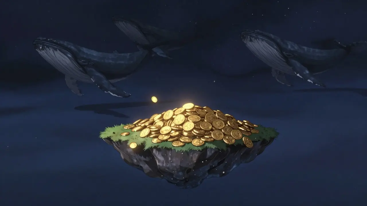 A small floating island of digital coins overshadowed by giant whale silhouettes in a starry void.