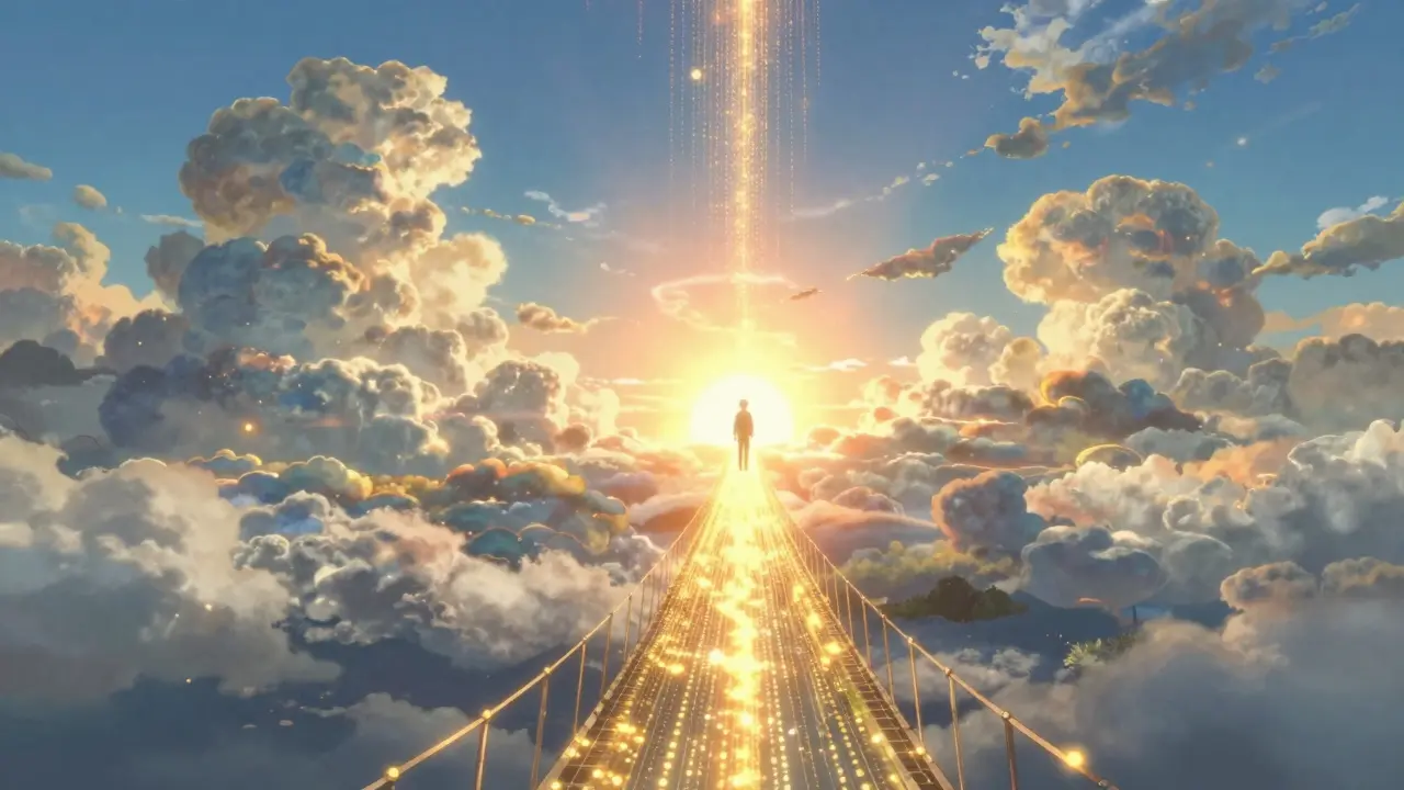 A surreal digital bridge of golden light and code connecting a person to a bright horizon.