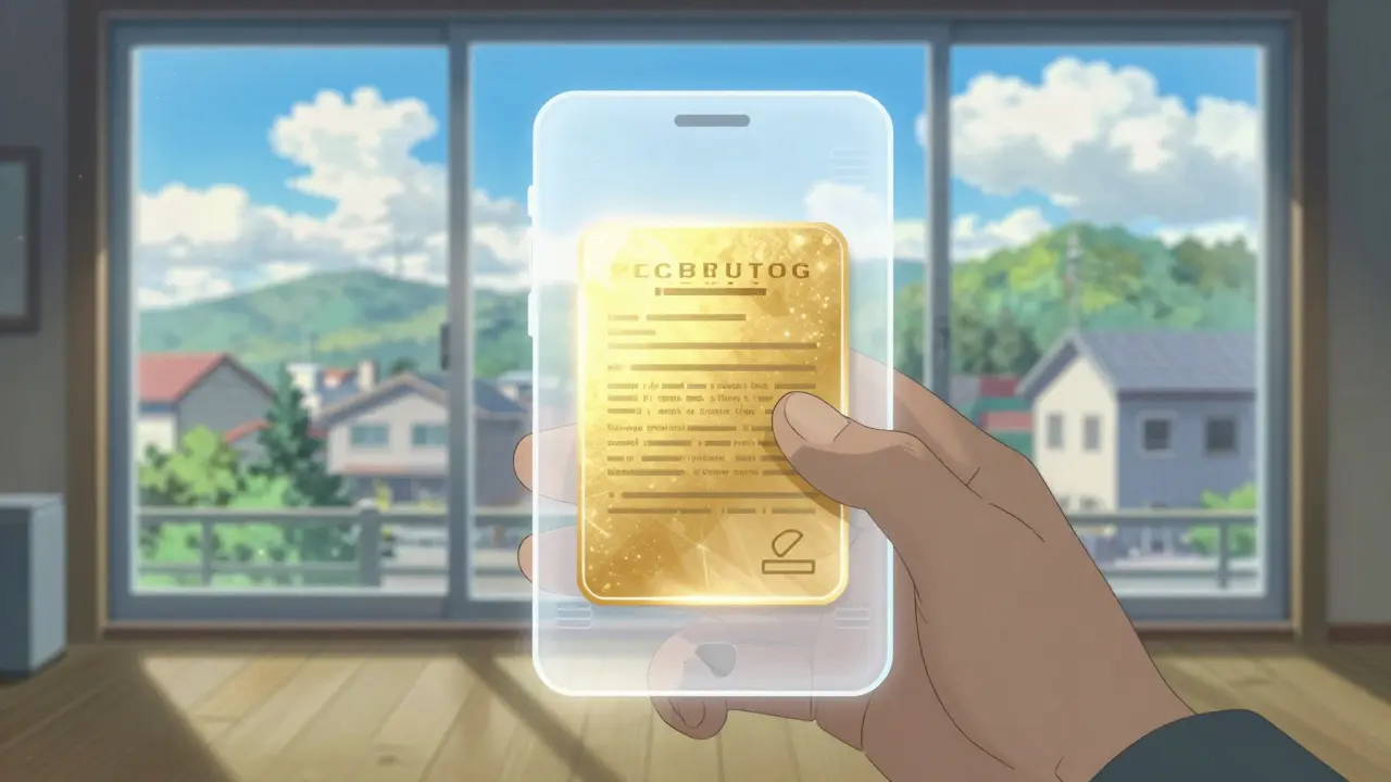 A translucent digital wallet showing a token contract migration under a bright blue sky.