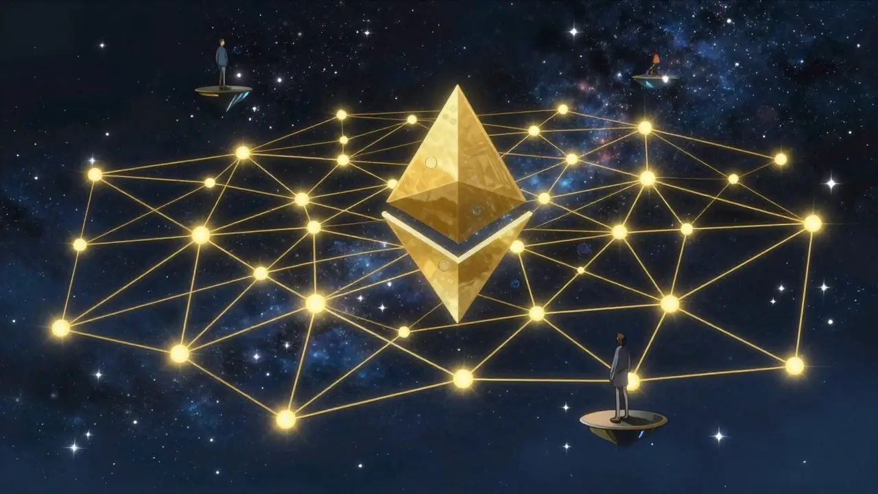 A vast golden network of nodes in a starry night sky representing the RMV blockchain ecosystem.