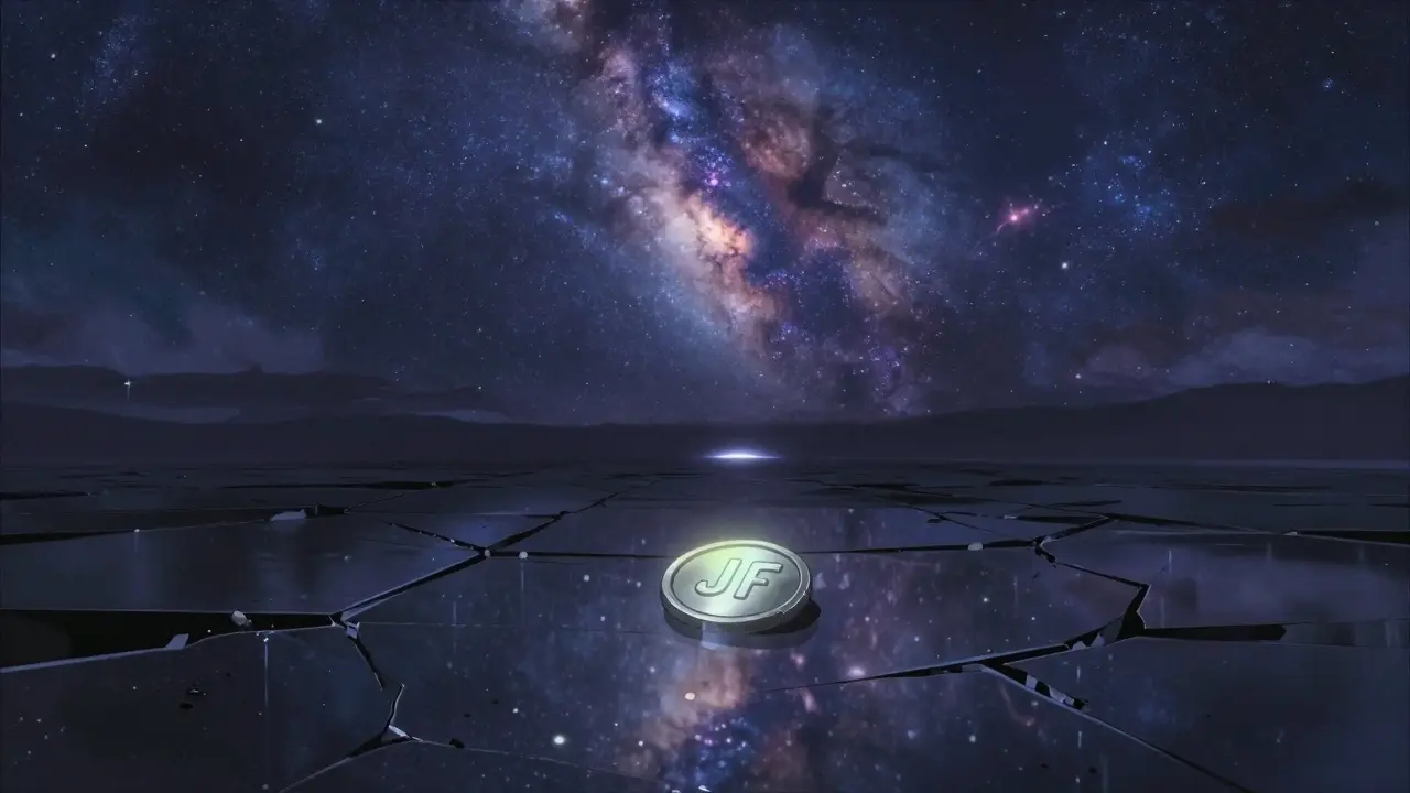 Anime style abandoned digital landscape with a single glowing token under a starry sky