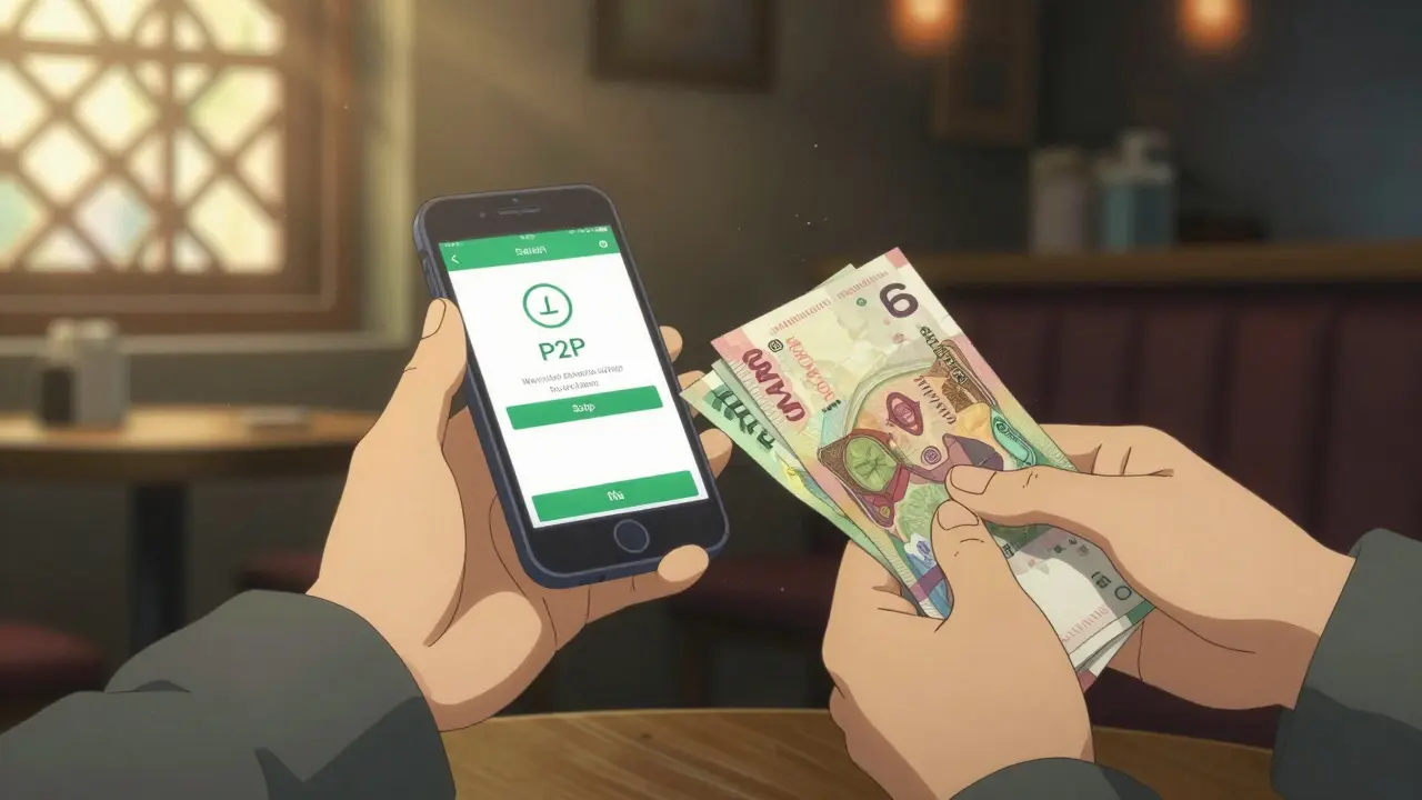 Anime style close-up of a P2P currency exchange between two people in a cafe.