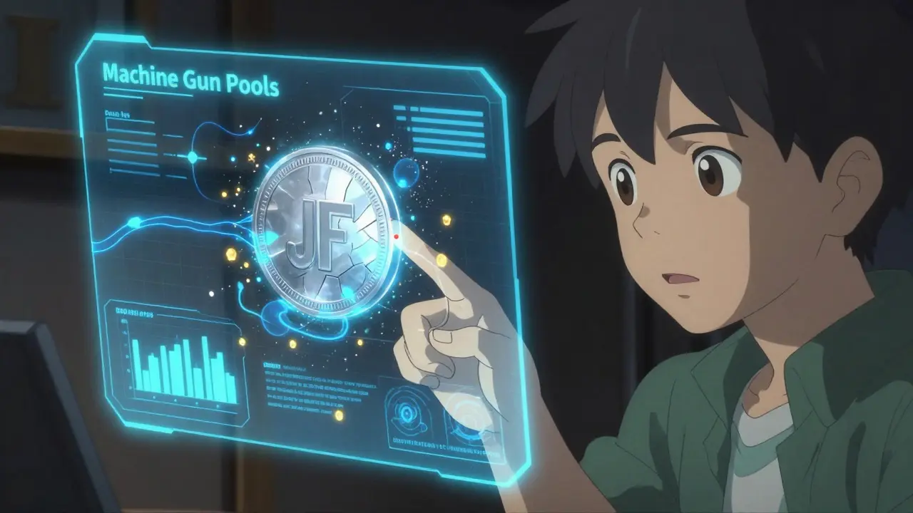 Anime style holographic interface showing a cracking digital token in a dark room