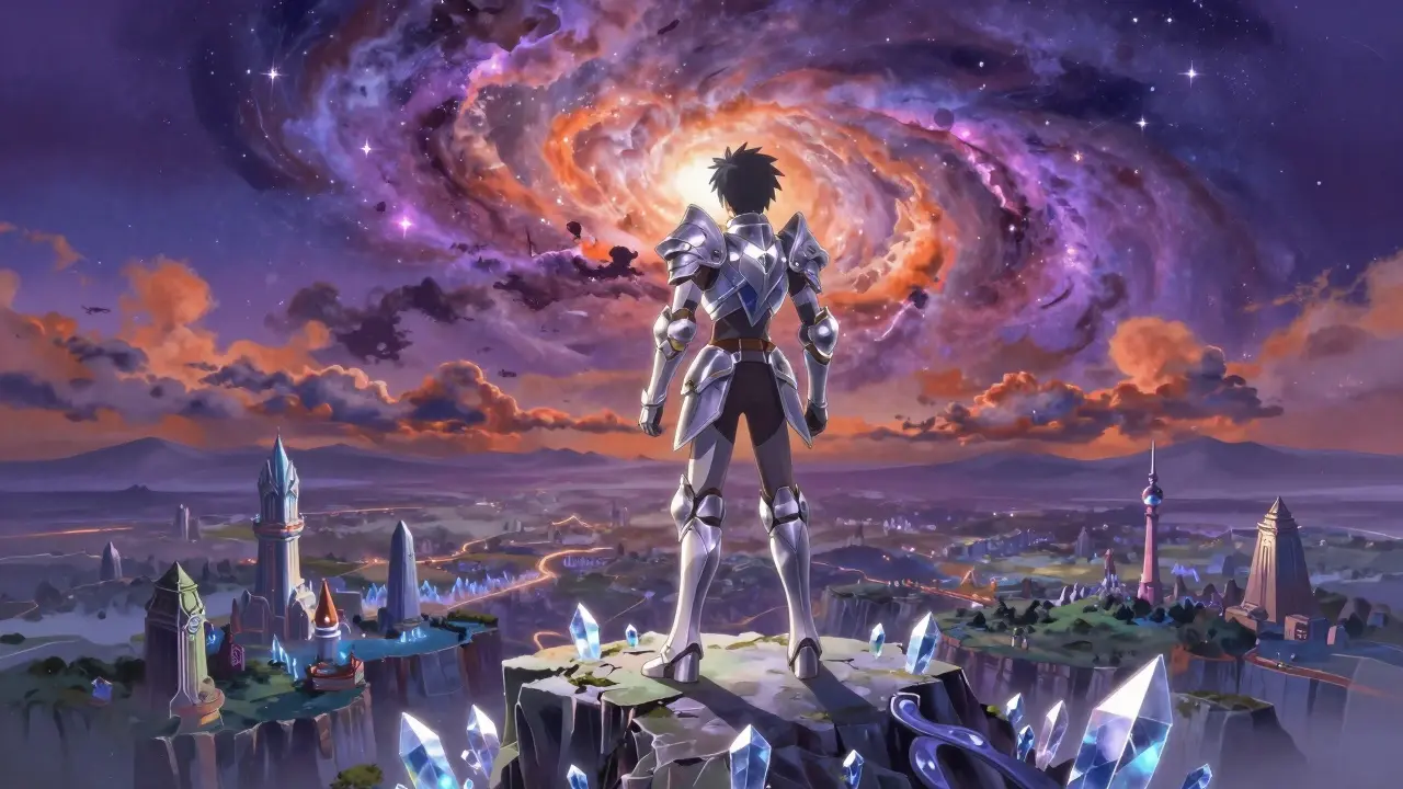 Armored fantasy hero standing on a crystal cliff under a starry nebula sky