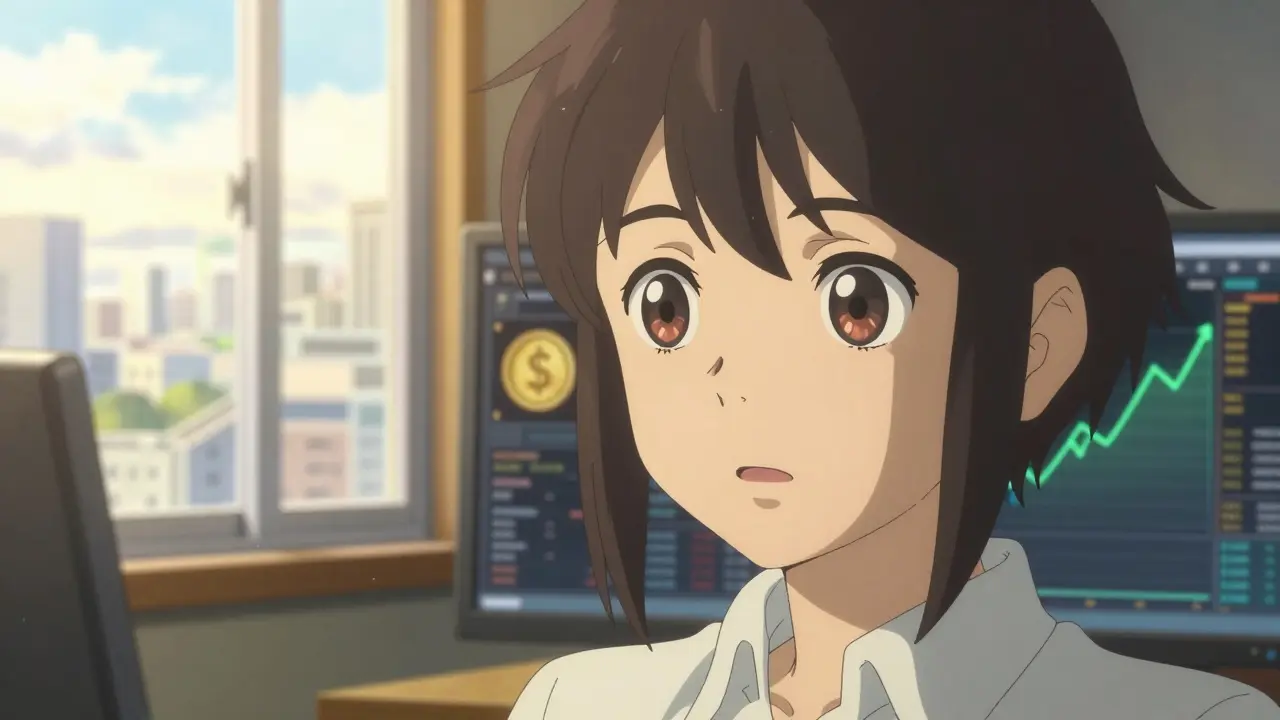 Close-up of a person looking at a crypto trading interface with a sunlit city view in the background