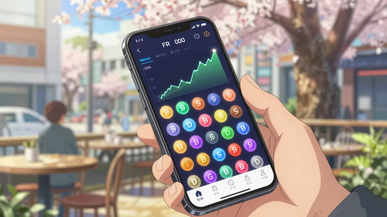 Close-up of a smartphone showing crypto trading charts in a sunny, cherry blossom cafe.