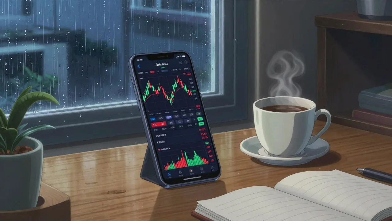 Close-up of a smartphone with crypto trading charts on a desk during a rainy day